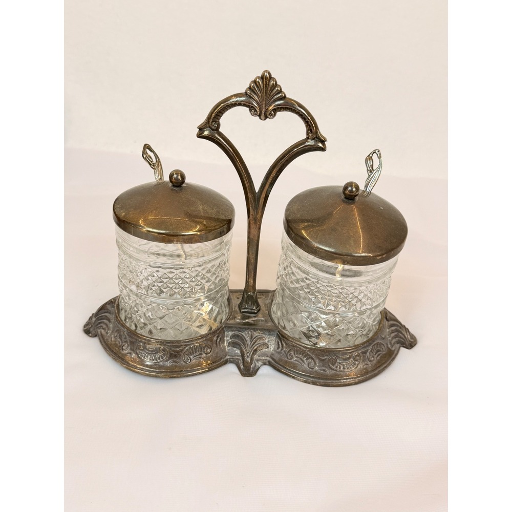 Vintage Silver Tone Condiment Caddy Set with Glass Jars and Bird Design Spoons